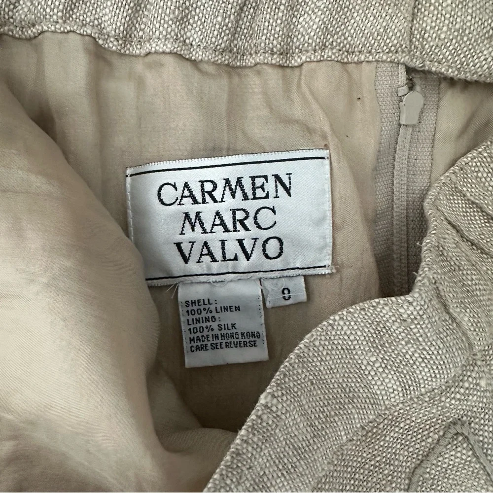 Vintage Carmen Marc Valvo Embroidered Neutral Linen Pencil Skirt in Tan Size 8